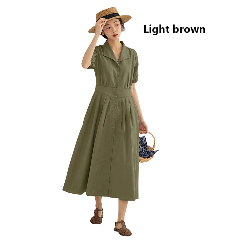 Vintage Linen Midi Dress | Elegant Lapel Collar Dress with Lantern Sleeves - Women's Single-Breasted Summer Dress