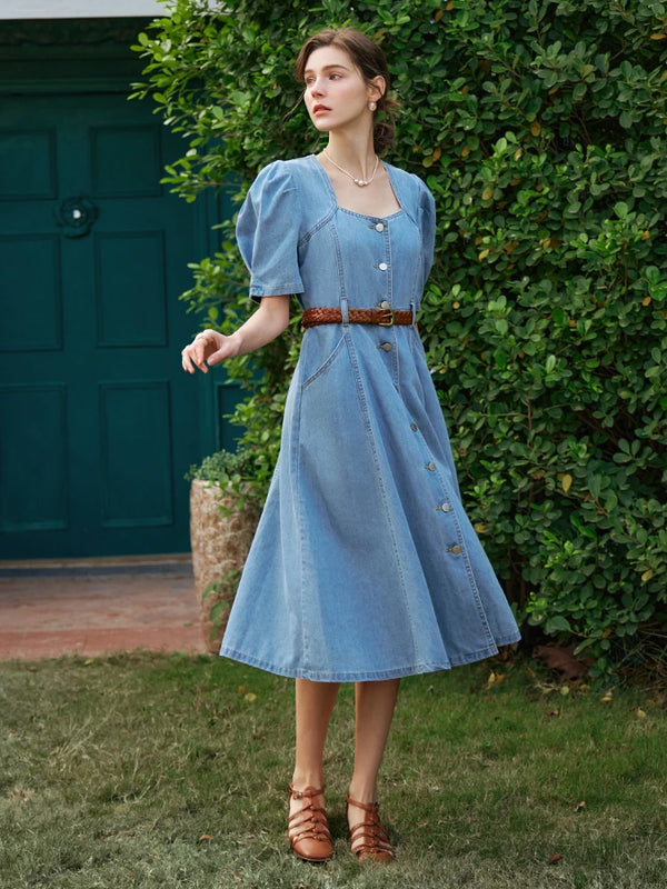 Vintage Denim Midi Dress | Square Neck Puff Sleeve Button-Down Dress - Women's Washed Denim Summer Dress