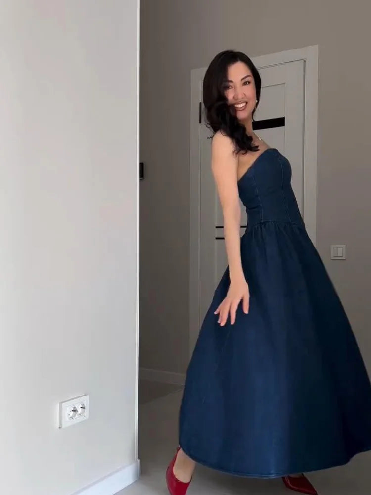 Fashion Off Shoulder Dress For Women Denim Backless Sleeveless Slim Long Dresses Female 2025 Spring Summer Lady Vestidos