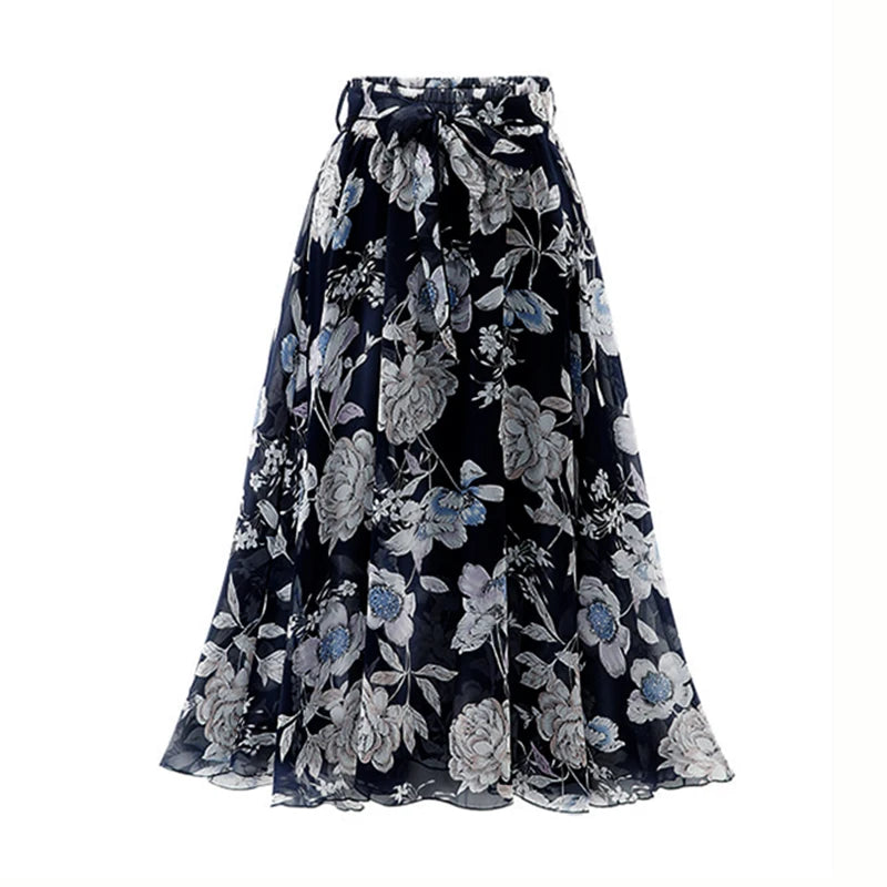 Plus Size Floral Midi Skirt | Adjustable Length Chiffon Skirt | Boho A-Line Beach Skirt with Belt