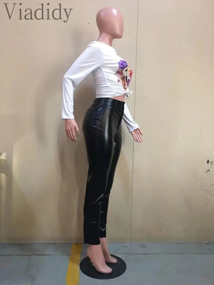 Viadidy Women's High Waist PU Leather Pencil Pants - Skinny Fit Winter Trousers with Elastic Waist & Pockets