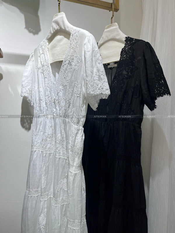 Breathable Ramie Midi Dress | Lace-Embroidered V-Neck Summer Dress - Women's Vintage Hollow Out Lace Dress