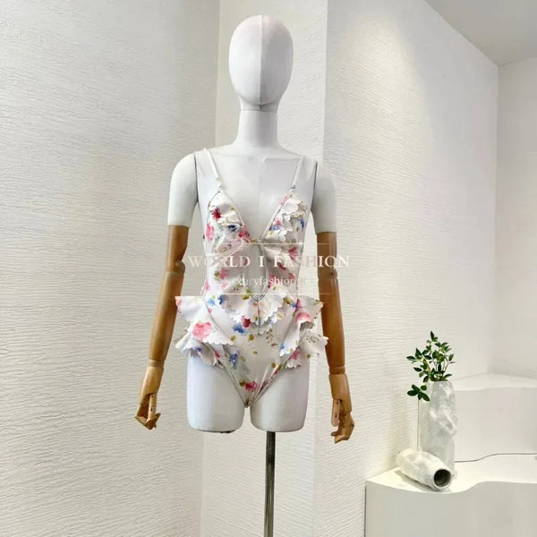 Women's Floral Lace-Up Bodysuit – Sleeveless Stretch Swimwear with Adjustable Back Tie, Beach Style One-Piece 2025