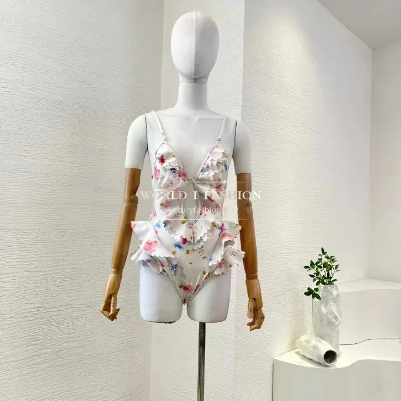 Women's Floral Lace-Up Bodysuit – Sleeveless Stretch Swimwear with Adjustable Back Tie, Beach Style One-Piece 2025