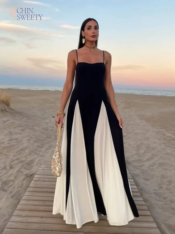 Boho Gauze Maxi Dress | Patchwork Contrast Strap Dress with Backless Design - Women's Empire Waist Party Gown