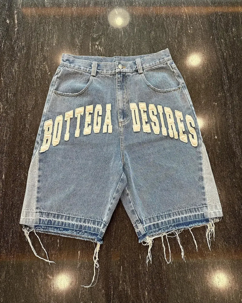 Bottega Desire Wide-Leg Denim Shorts: Distressed Embroidery | Unisex Hip-Hop Streetwear | High Waist Loose Fit Jeans