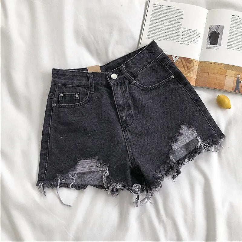 Women's Distressed High-Waist Denim Shorts: Ripped Tassel Detail Streetwear Hot Pants