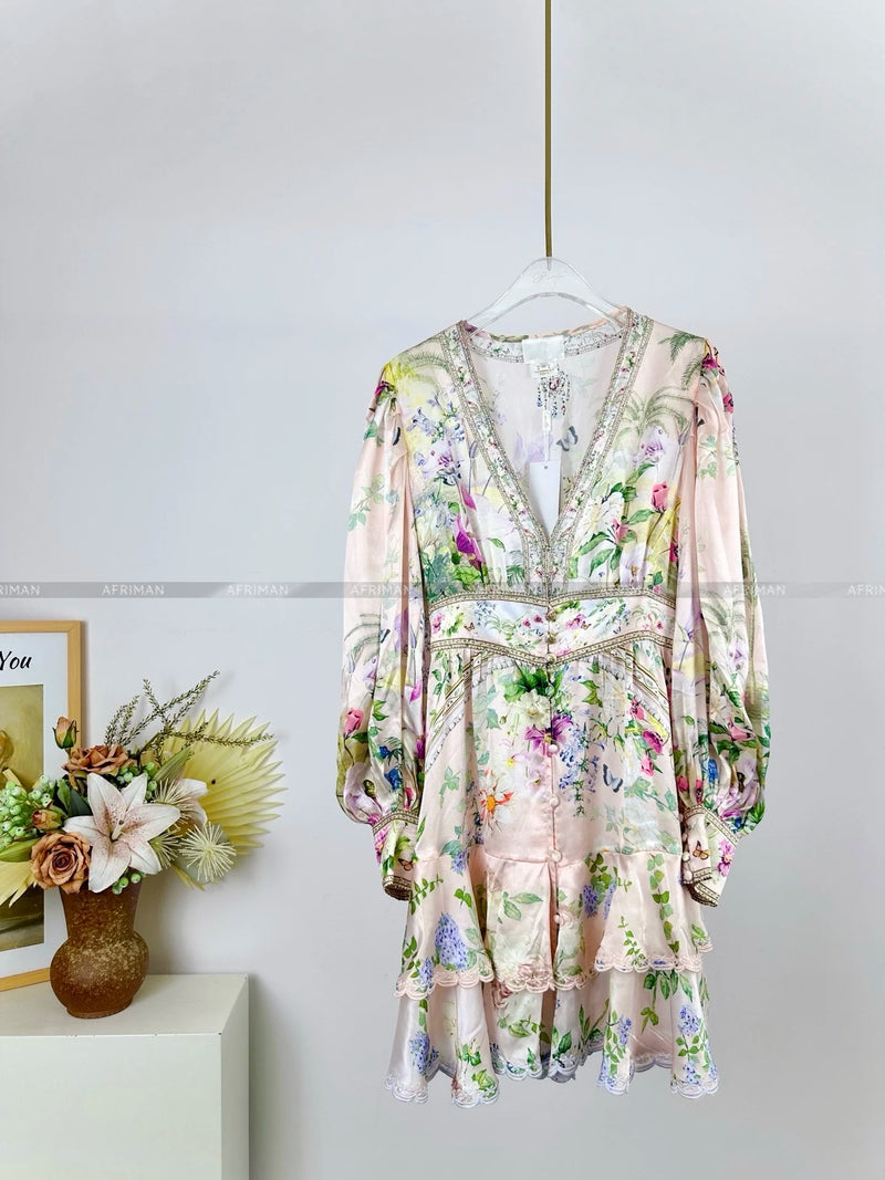 Women's Silk Mini Dress | Vintage V-Neck with Crystal Beads & Floral Print