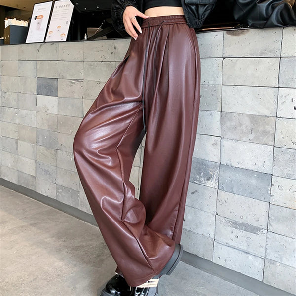 Women's Vintage PU Leather Pants | High Waist Wide-Leg Trousers | Adjustable Lace-Up Waist + Pockets