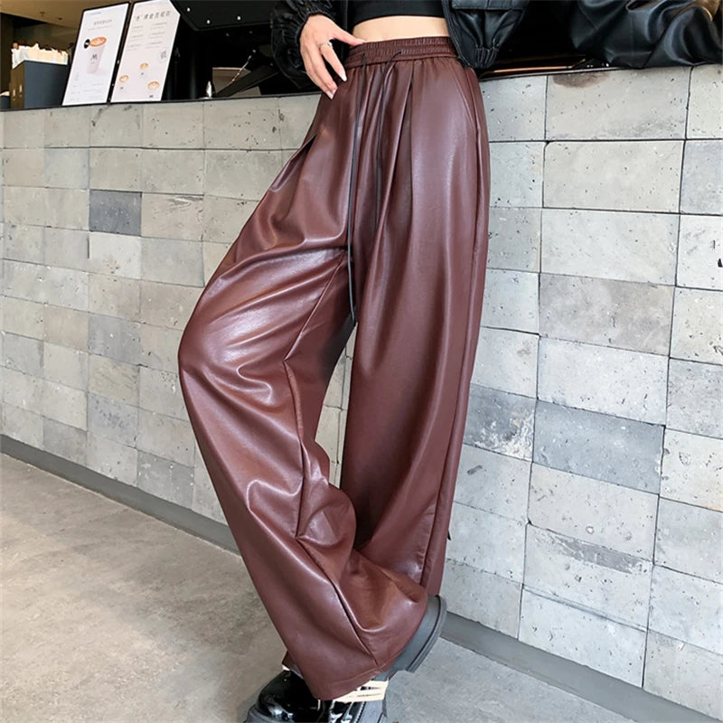 Women's Vintage PU Leather Pants | High Waist Wide-Leg Trousers | Adjustable Lace-Up Waist + Pockets