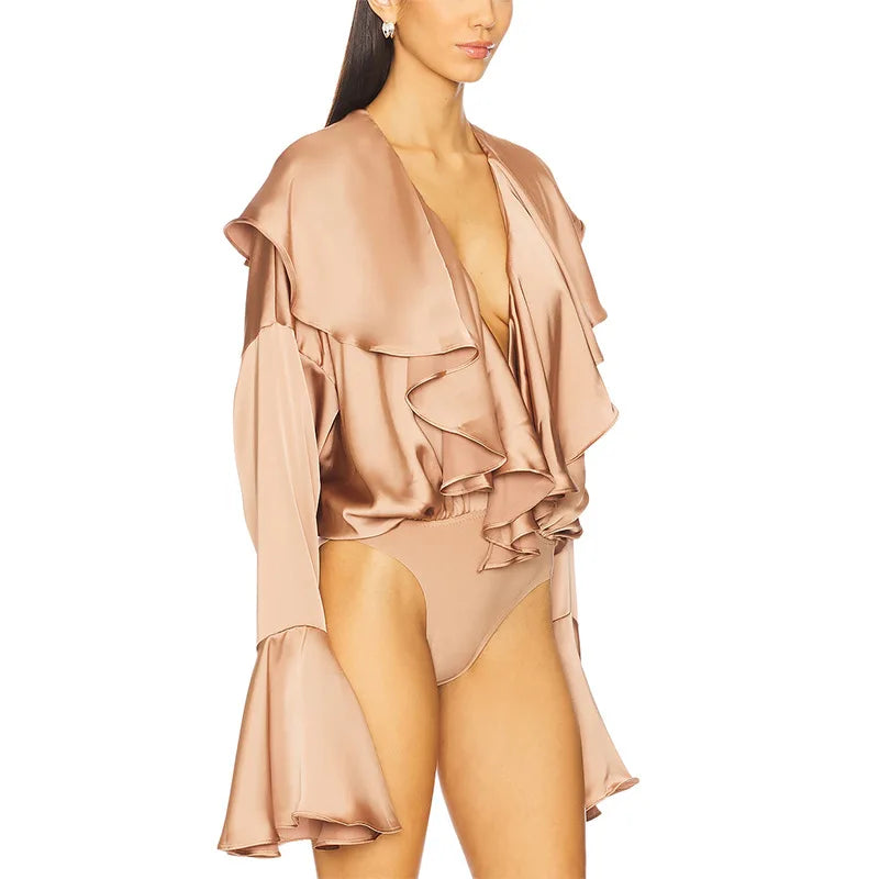 Women's Ruffle V-Neck Bodysuit – Slim Fit Flare Sleeve Solid Color One-Piece Top for Spring Summer Fashion 2025