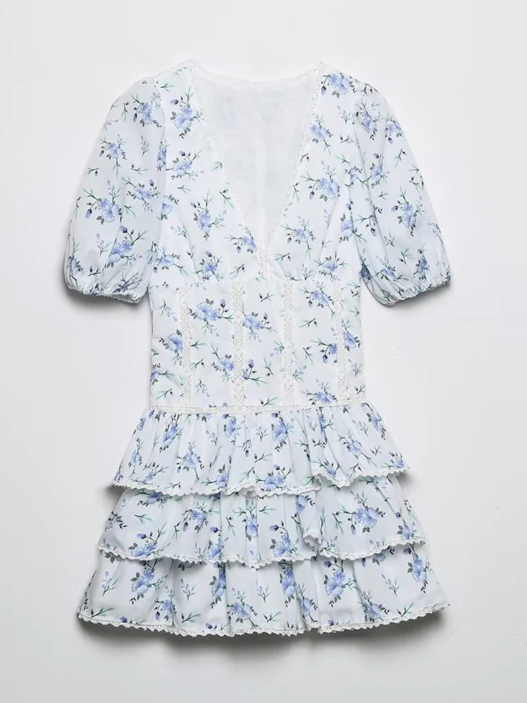 Lace-Embroidered Mini Dress | Floral Prairie Dress with Puff Sleeves - Women's Layered Ruffle Summer Dress
