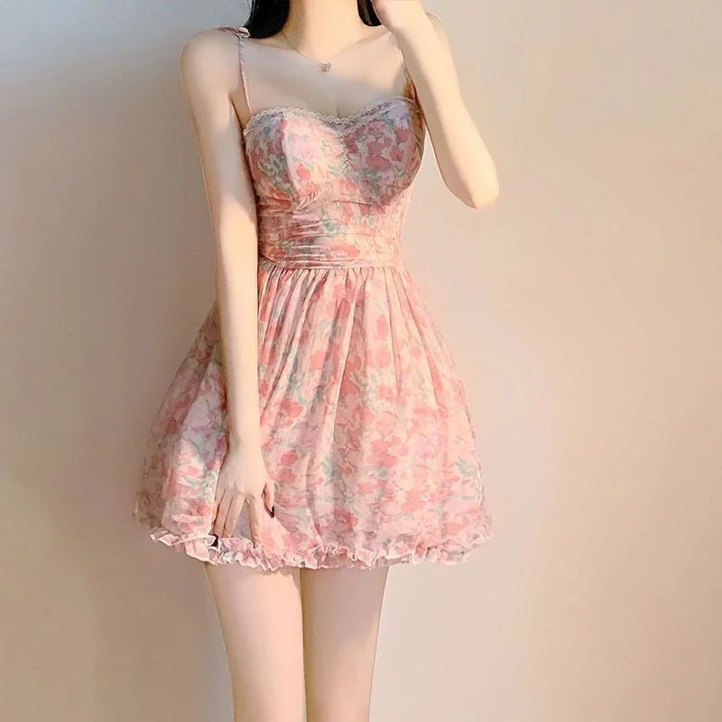 Women's Pink Floral Wrap Mini Dress - Stretchy Bodycon Sundress with Sweetheart Neckline | Summer 2025
