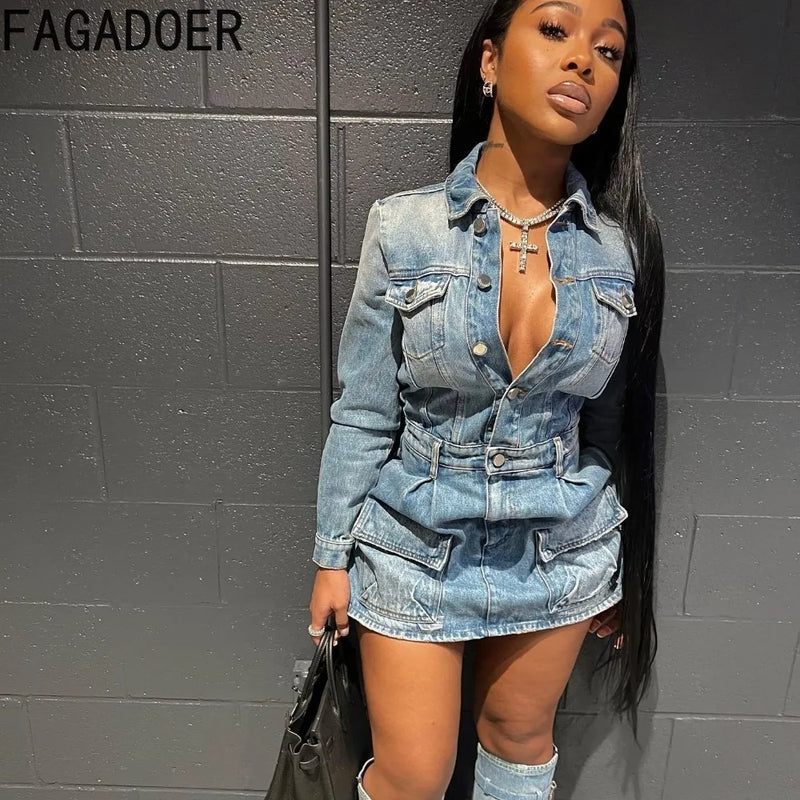 FAGADOER Women's Denim Mini Dress - Long Sleeve Cowboy Style w/ Detachable Leg Garter & Pockets | Blue Western Streetwear