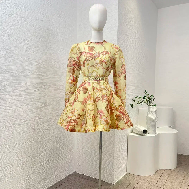 Women's Vintage Floral Mini Dress | Linen-Silk Blend with Belt & Pockets