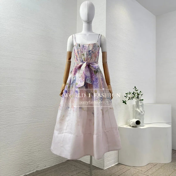 Women's Linen-Silk Floral Midi Dress | Vintage Square Neck & Empire Waist