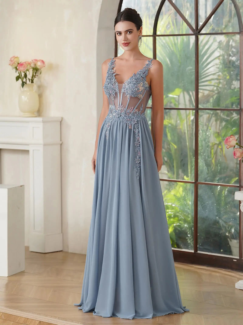 Dusty Blue Floral Lace Maxi Dress | Boned Backless Boho Dress with Spaghetti Straps - 2025 Party & Evening Wear