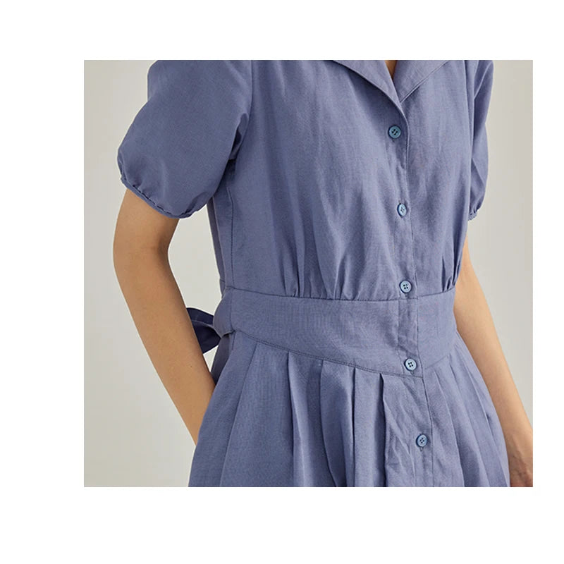 Vintage Linen Midi Dress | Elegant Lapel Collar Dress with Lantern Sleeves - Women's Single-Breasted Summer Dress
