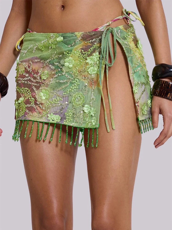 Sequin Mini Skirt | Empire Waist Lace-Up Skirt | Floral Print Beach Short Skirt