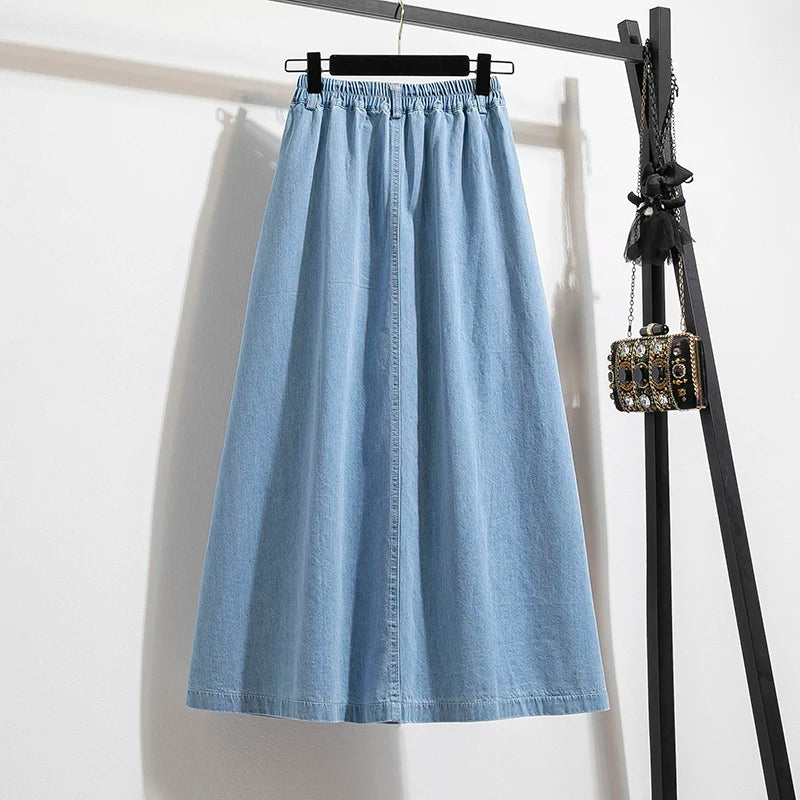 Plus Size Korean Denim Skirt | 2025 Empire Waist A-Line | Adjustable Length Pleated Maxi Skirt