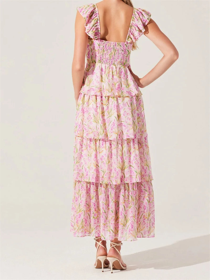 Off-Shoulder Floral Midi Dress | Ruffled Layer Summer Dress - Women's Cap Sleeve Party Dress for Garden Weddings