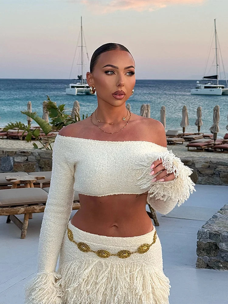 Women’s Off-Shoulder Tassel-Knit Long-Sleeve Crop Top & High-Waist Mini Skirt Two-Piece Beach Set