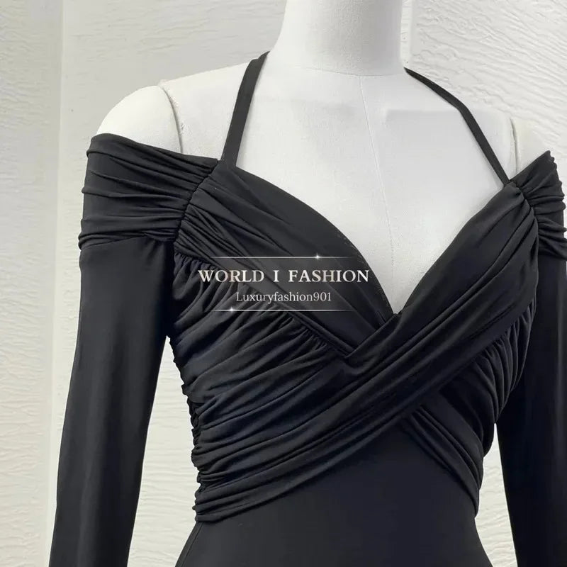 Summer Black Halter Bodysuit for Women – Off Shoulder, Cut-Out Waist, Ruched Detailing, Trendy Beachwear 2025