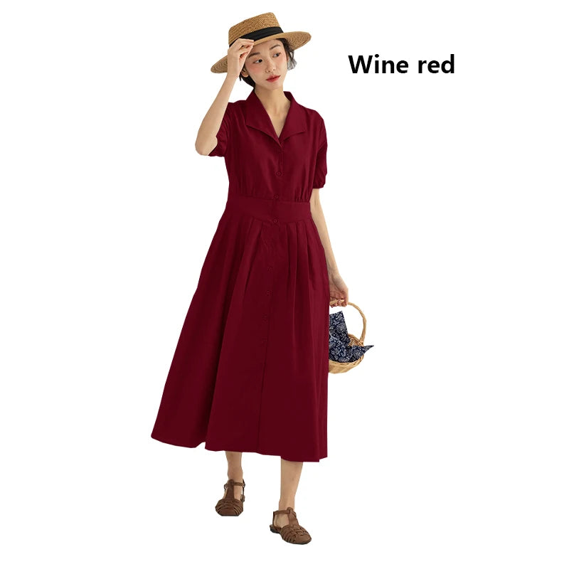 Vintage Linen Midi Dress | Elegant Lapel Collar Dress with Lantern Sleeves - Women's Single-Breasted Summer Dress