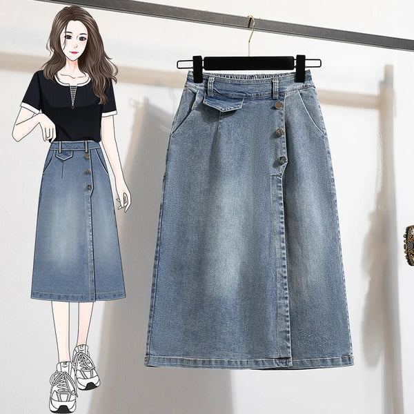 Plus Size Empire Waist Denim Skirt | Adjustable Length Skirt | Korean A-Line Lined Skirt