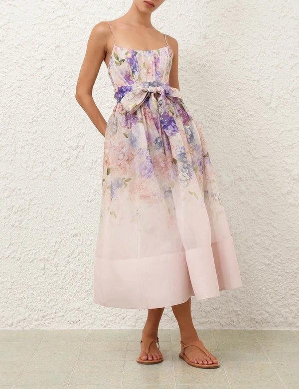 Bohemian Floral Print Midi Dress - Women's Spaghetti Strap Summer Dress with Lace-Up Back (Hemp Blend)