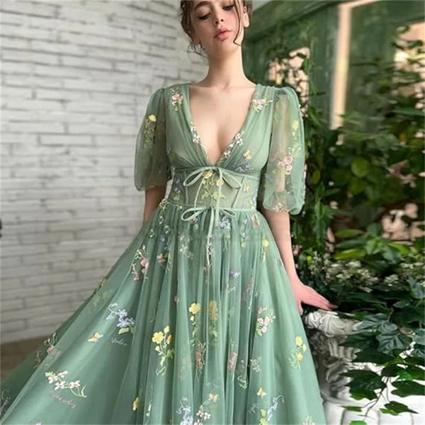 Floral Embroidered Tulle Maxi Dress | Puffy Sleeve Wedding Guest Dress - Women's Green Formal Gown with Lace-Up Back