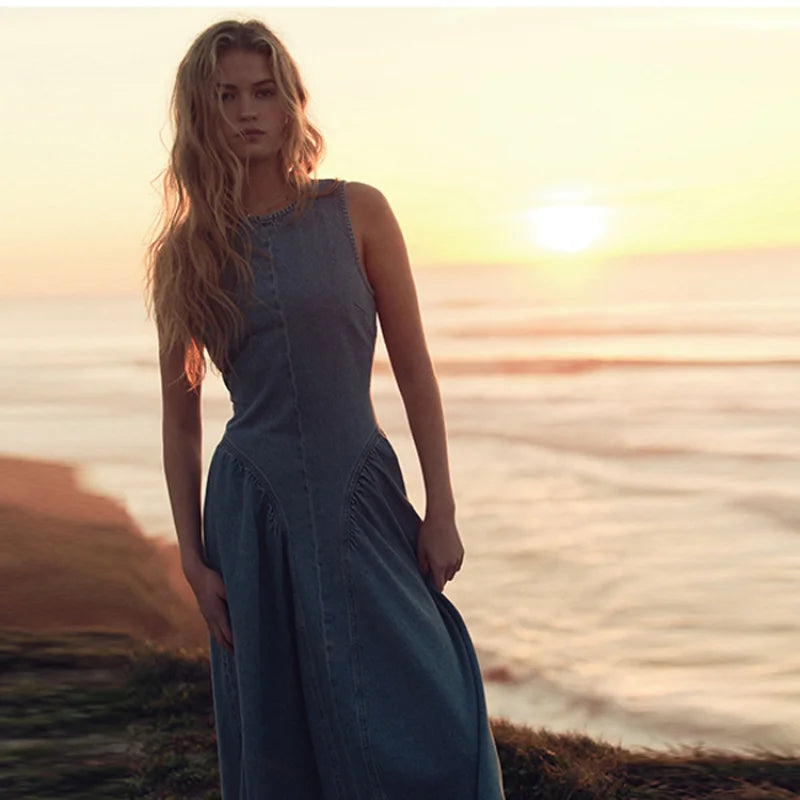 Backless Lace-Up Denim Maxi Dress | Sleeveless A-Line Summer Dress with Adjustable Corset Detail - High Street Fashion