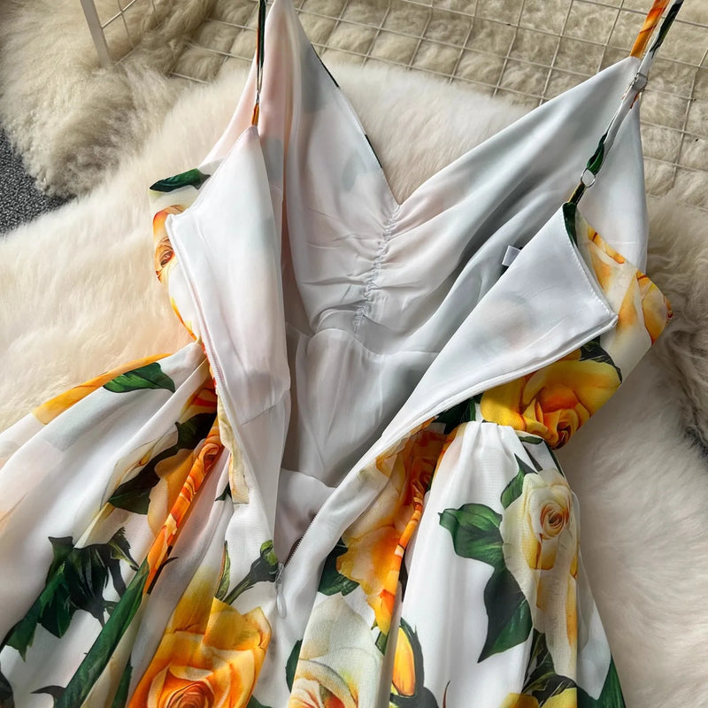 Boho Women's Floral Maxi Dress | Yellow Spaghetti Strap Empire Waist Chiffon Dress - Summer Beach Holiday Dress (Banulin)