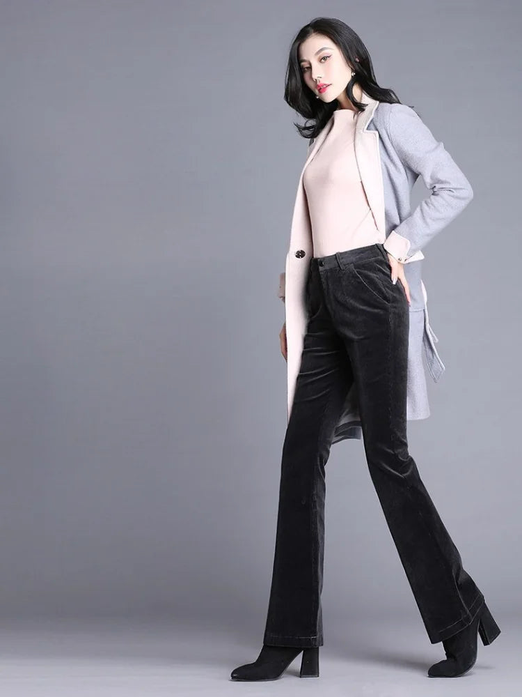 Women's Corduroy Flare Pants - High Waist Slim-Fit Trousers