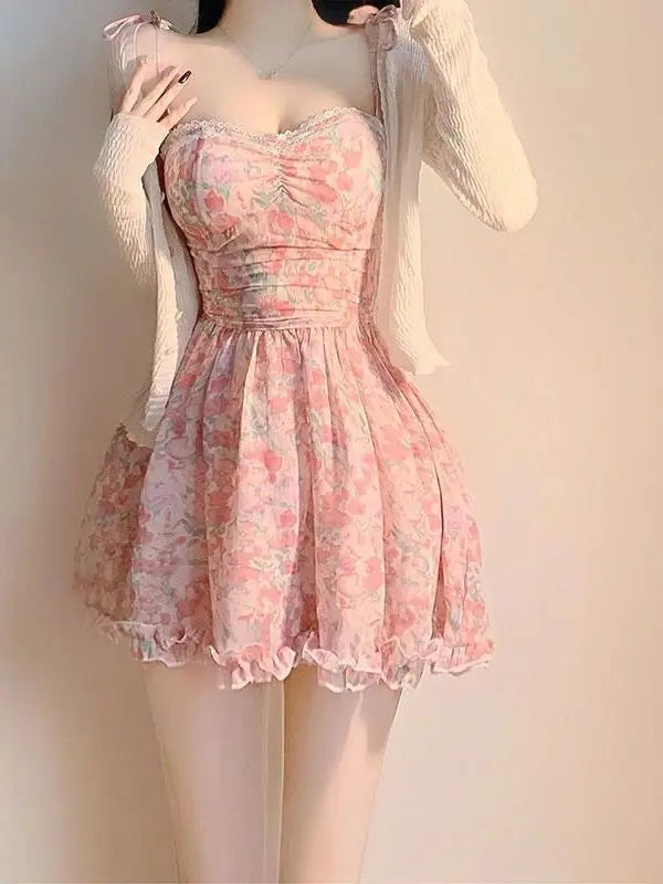 Women's Pink Floral Wrap Mini Dress - Stretchy Bodycon Sundress with Sweetheart Neckline | Summer 2025