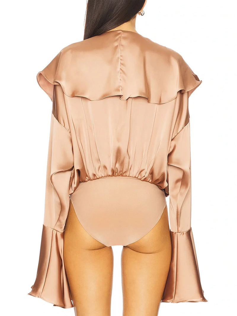 Women's Ruffle V-Neck Bodysuit – Slim Fit Flare Sleeve Solid Color One-Piece Top for Spring Summer Fashion 2025