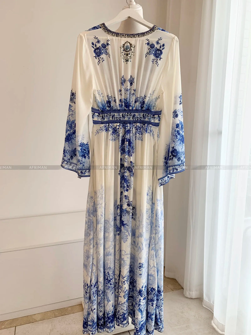 Artisan Blue-White Porcelain Maxi Dress: Crystal-Beaded Silk Gown with Dramatic Flare Sleeves