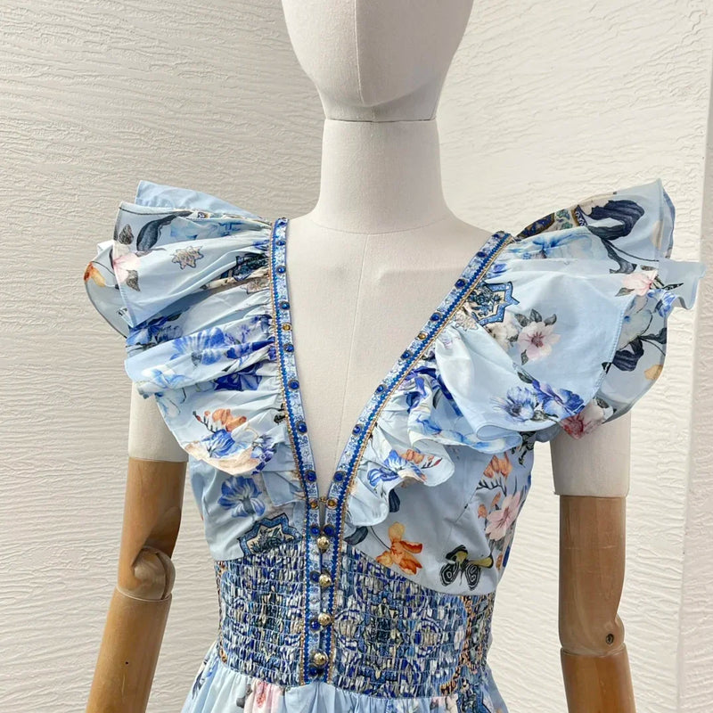 Vintage Blue Floral Maxi Dress | 100% Cotton Butterfly Sleeve Dress with Deep V-Neck & Empire Waist - Spring Summer Elegance