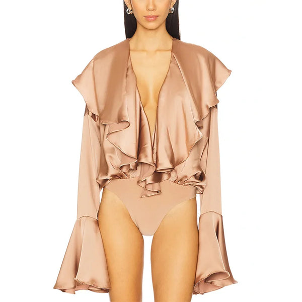 Women's Ruffle V-Neck Bodysuit – Slim Fit Flare Sleeve Solid Color One-Piece Top for Spring Summer Fashion 2025