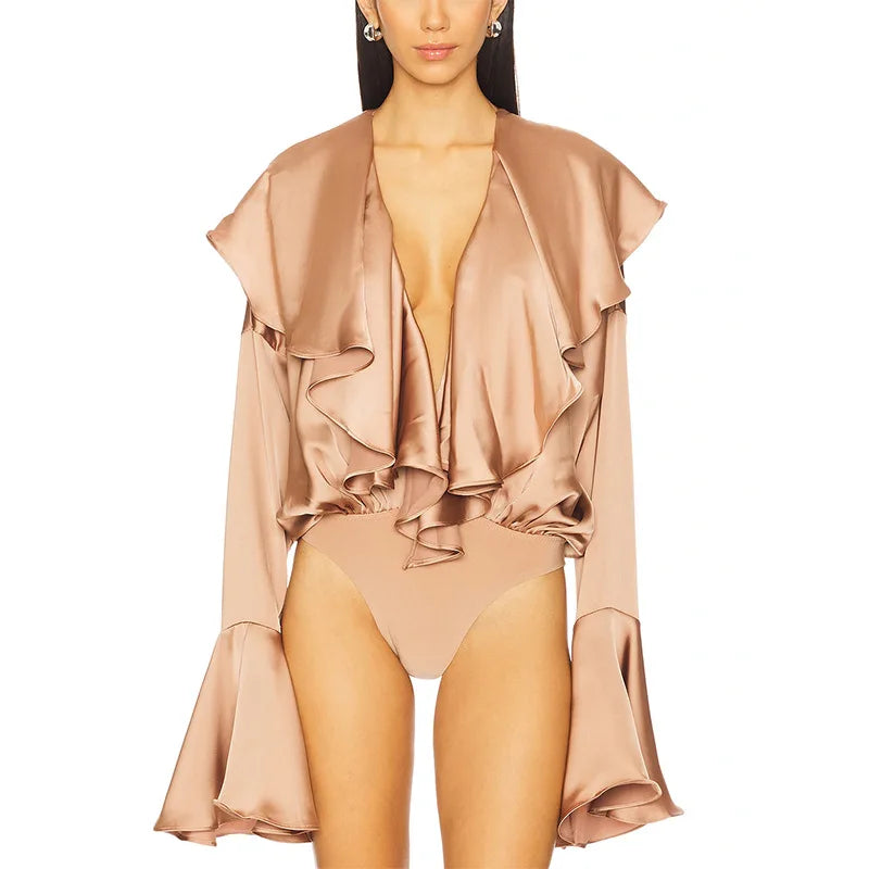 Women's Ruffle V-Neck Bodysuit – Slim Fit Flare Sleeve Solid Color One-Piece Top for Spring Summer Fashion 2025