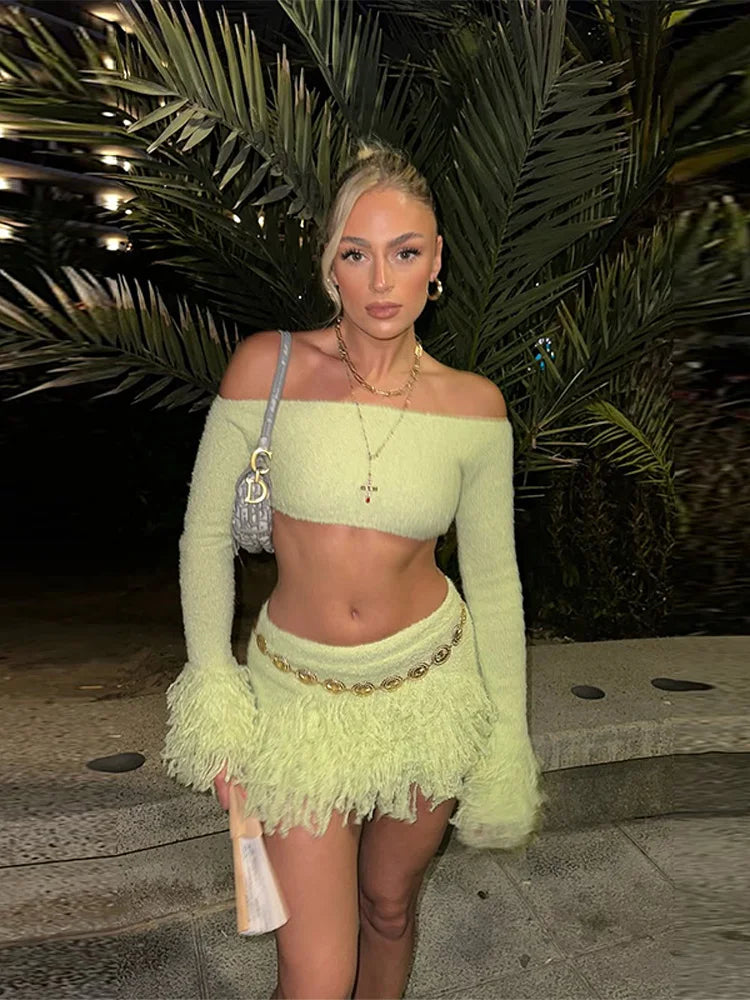 Women’s Off-Shoulder Tassel-Knit Long-Sleeve Crop Top & High-Waist Mini Skirt Two-Piece Beach Set