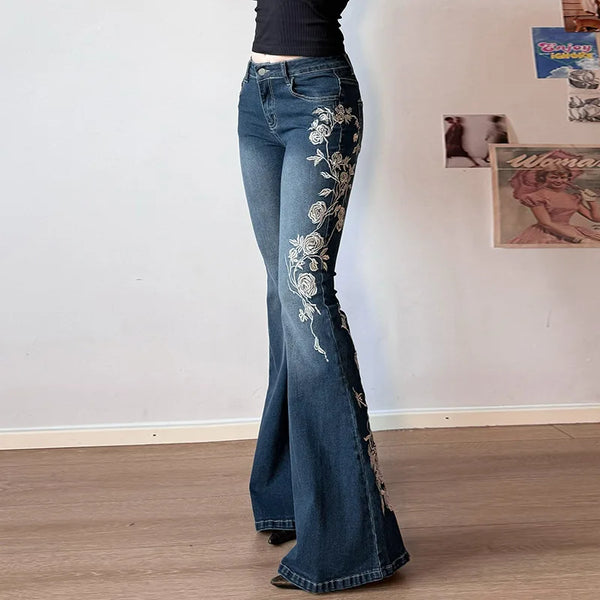 Low-Rise Rose Embroidered Flare Jeans | Retro Distressed Denim | Women's Cotton Blend Slimming Trousers
