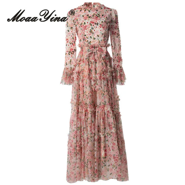 MoaaYina Bohemian Sequin Maxi Dress | Floral Print Ruffled Flare-Sleeve Dress with Net Yarn Detailing - 2025 Summer Collection