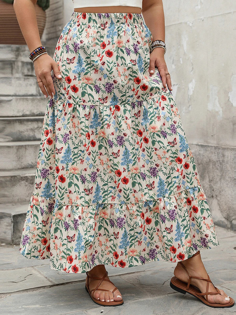 Plus Size Boho Velvet Midi Skirt | Vintage Diamond Print | Elastic Waist Flowy Silhouette