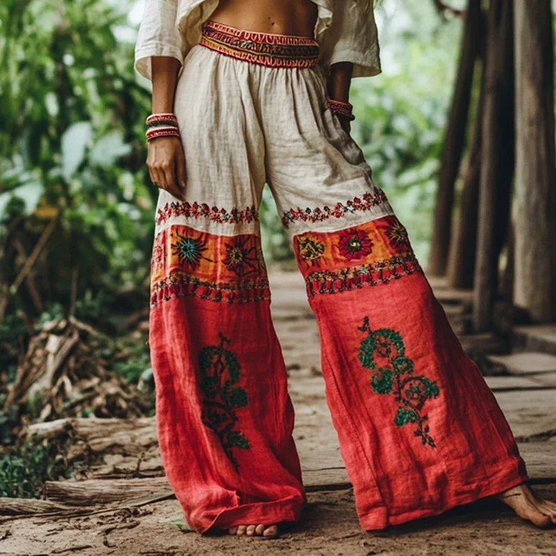 Women's Vintage Floral Print Wide Leg Pants - Bohemian Elastic Waist Palazzo Trousers for Beach, Holiday & Casual Wear