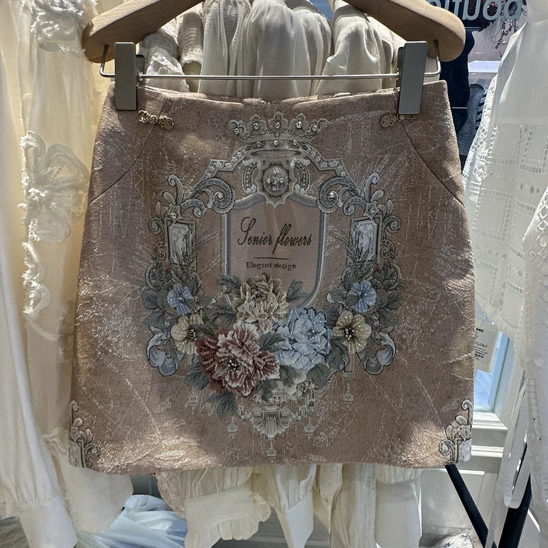 Spring Vintage Jacquard Skirt | Empire Waist Diamond Embroidery Mini | Luxury Slim Fit Acetate-Spandex Skirt