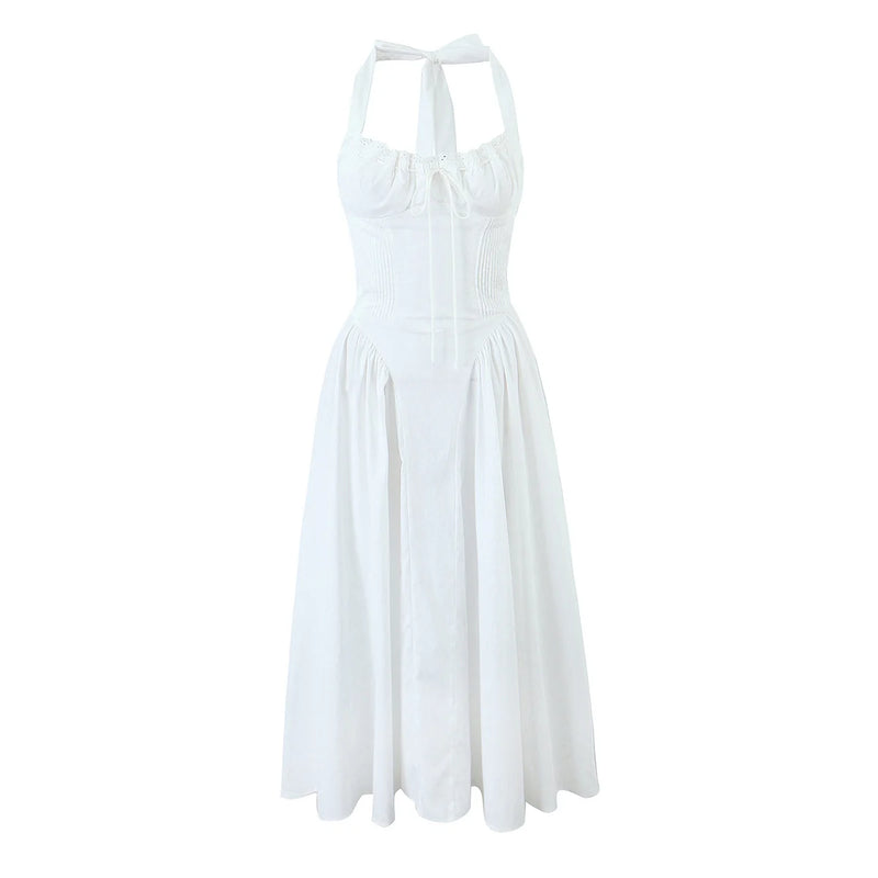 Backless Halter Midi Dress | Floral Lace Trim Dress with Low Waist - Women's Sexy Summer Party Dress