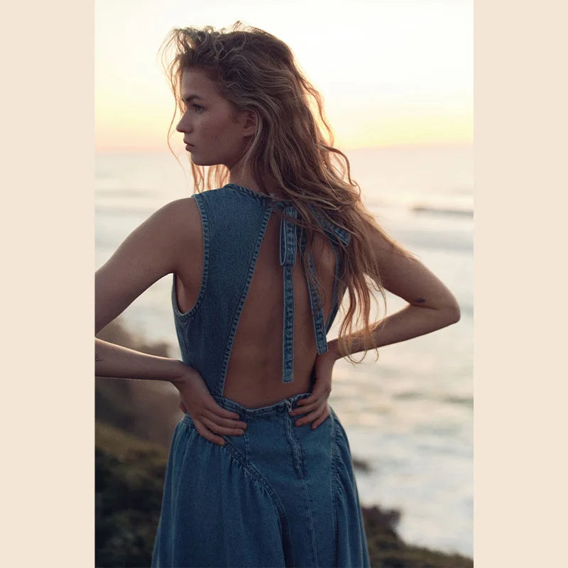 Backless Lace-Up Denim Maxi Dress | Sleeveless A-Line Summer Dress with Adjustable Corset Detail - High Street Fashion