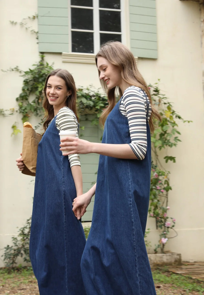 Adjustable Strap Denim Jumper Dress - Women's Vintage Overalls Style Ankle-Length Dress with Slash Neck