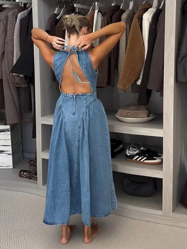 Vintage Washed Women's Denim Maxi Dress | Backless Sleeveless X-Silhouette | Summer Beach & Streetwear (Spring 2025)
